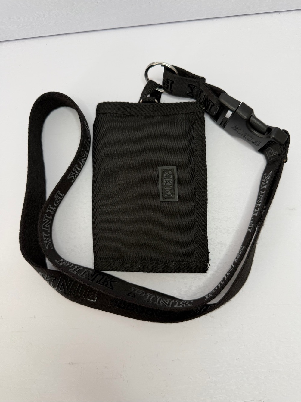 Victoria Secret Pink Keychain Mesh Pocket Lanyard Wallet Solid Black Print